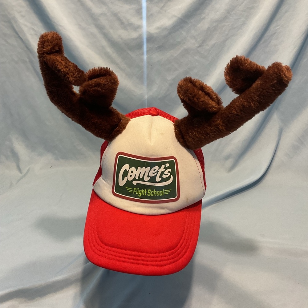 Red and White Comet's Flight School Hat with Antlers